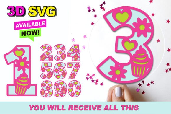 Flowers and Cupcake Numbers 3D SVG